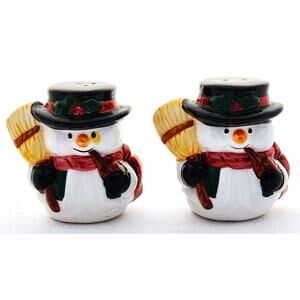 SALT & PEPPER SHAKERS-Snowman with Broom-Matching-Stoppers Included-Novelty